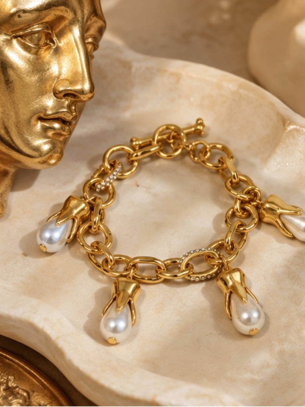 Schiaparelli Inspired Baroque Pearl Charm Bracelet Gold Sculptural Jewelry